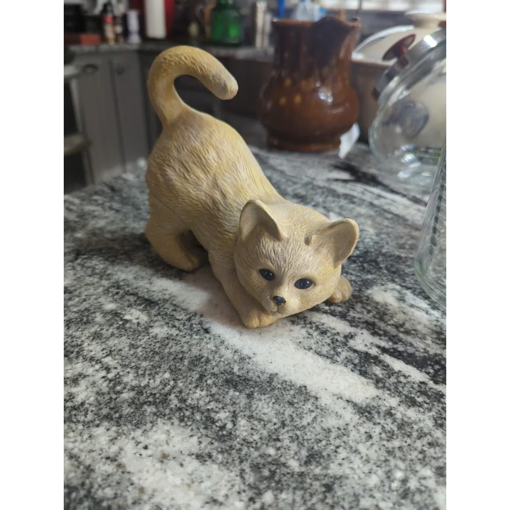 Vintage Playful Yellow Tabby Cat Bisque Ceramic Kitty Figurine Pouncing Kitten